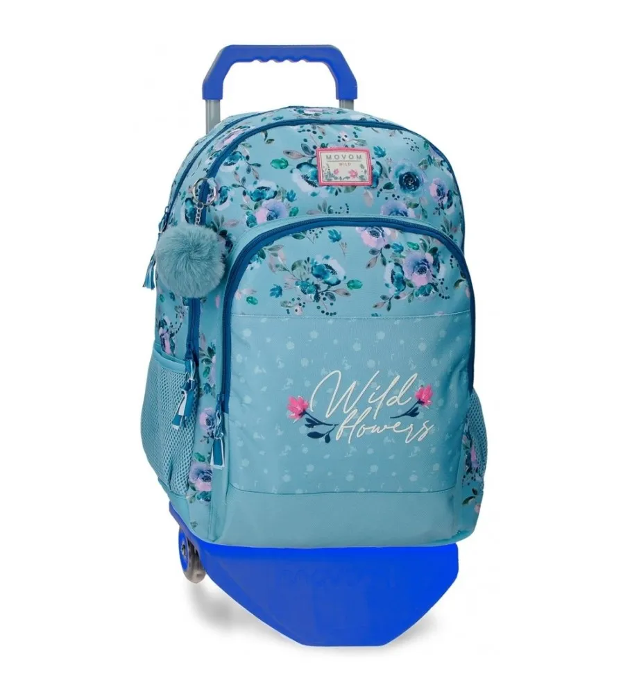 MOCHILA ESCOLAR MOVOM WILD FLOWERS DOS COMPARTIMENTOS CON CARRO AZUL 33X46X17CM